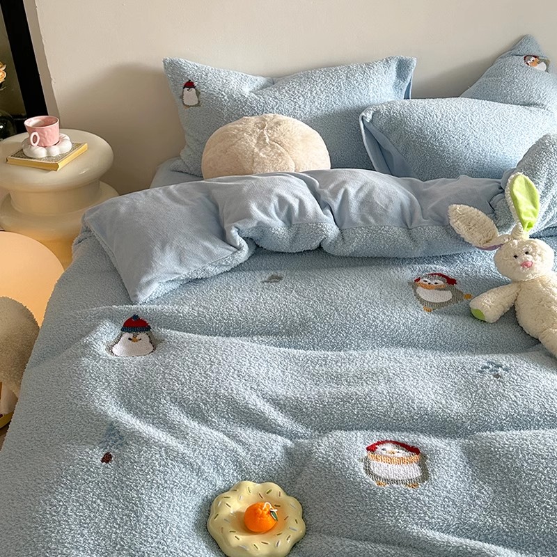 秋冬季羊羔绒四件套牛奶绒珊瑚绒法兰绒床单床笠加绒厚被套三件套