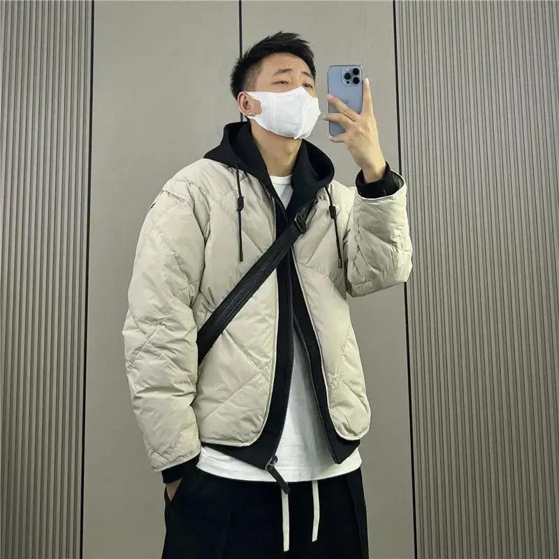 2024秋冬新款连帽假两件羽棉棉服男时尚百搭拼接痞帅加厚棉衣外套