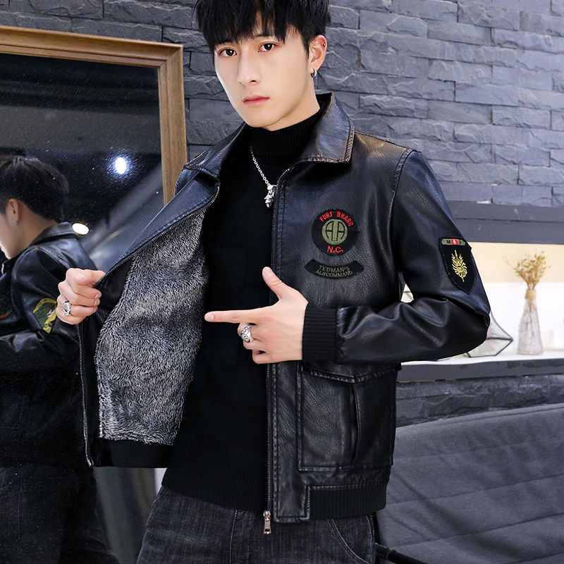 男士皮衣外套韩版皮夹克男加绒加厚皮毛一体男装冬季外套机车服男