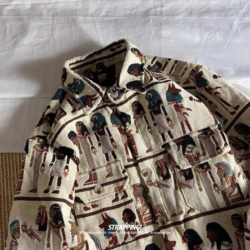 CY古埃及文化北欧绣花衬衫外套春秋呢子日系复古男女潮流衬衣长袖