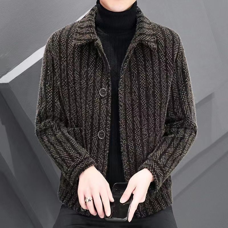 秋冬季新款男士外套韩版潮流修身翻领条纹时尚夹克休闲时尚潮大衣