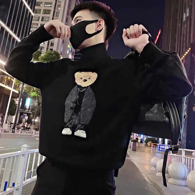 高领潮牌刺绣小熊冬季男装新款爆款潮男毛衣百搭网红男士针织衫帅