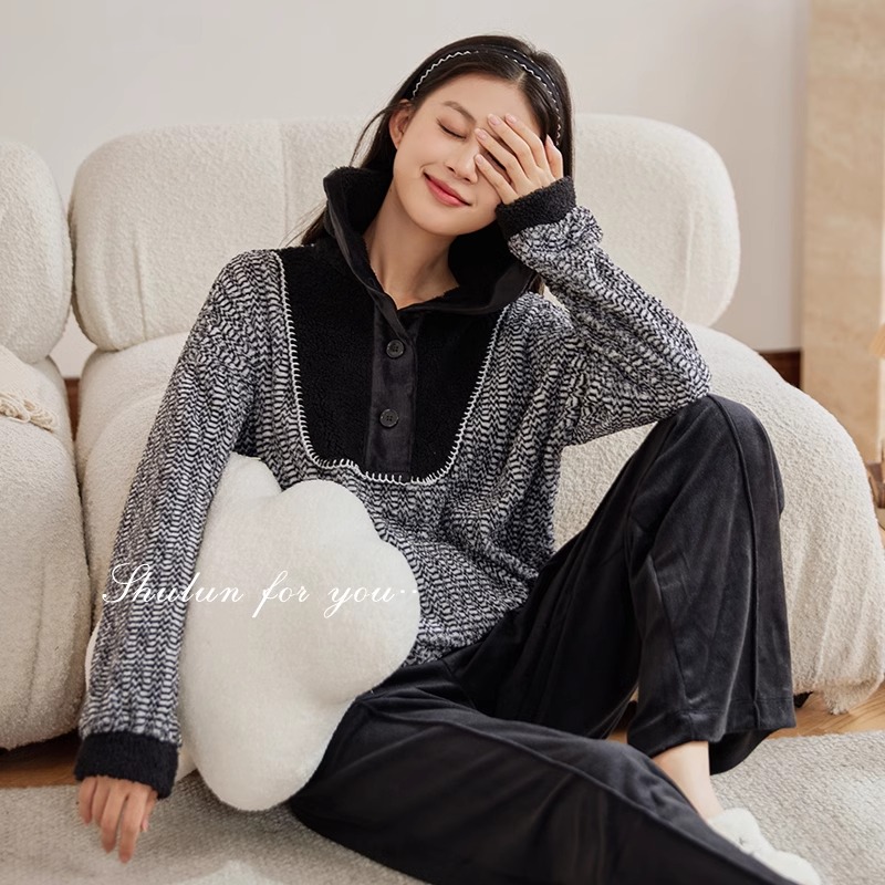 舒纶睡衣女2024新款秋冬季加厚开衫小香风套装女士加绒家居服冬天