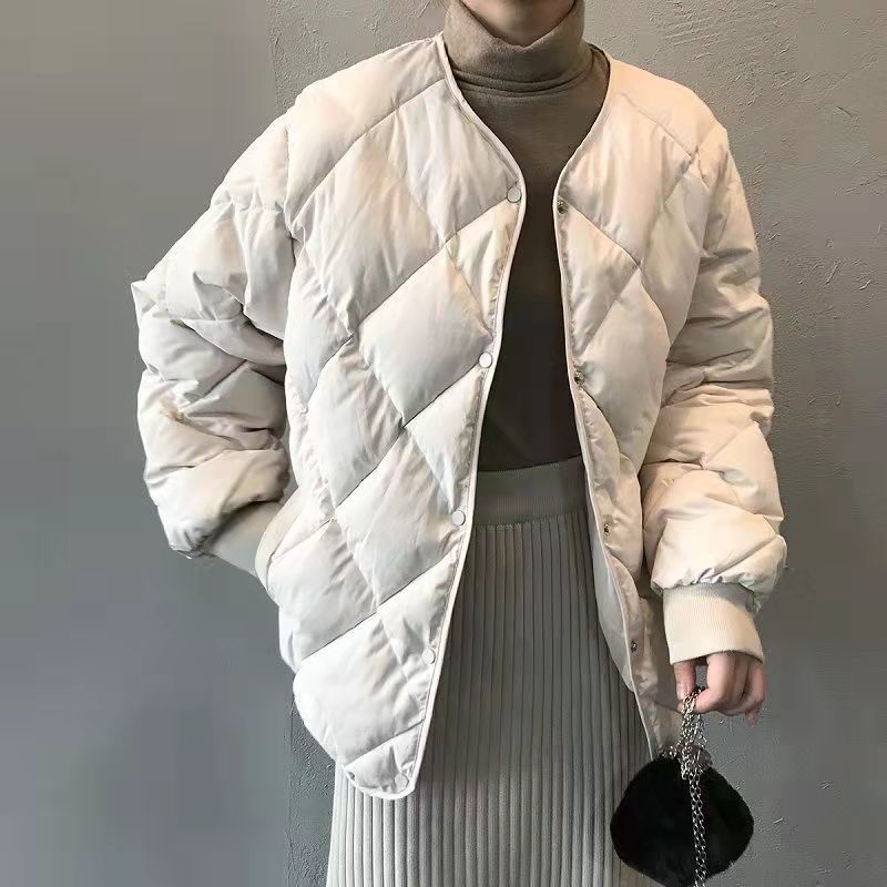 菱格羽绒服女冬季2023年新款面包服爆款羽绒棉无领棉袄短款棉衣款