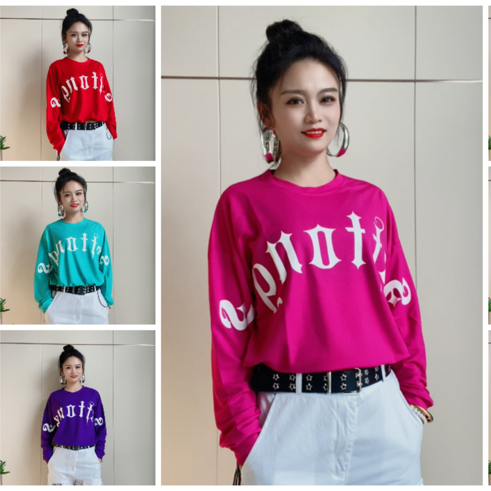 N新品9520长袖字母抽绳T恤女