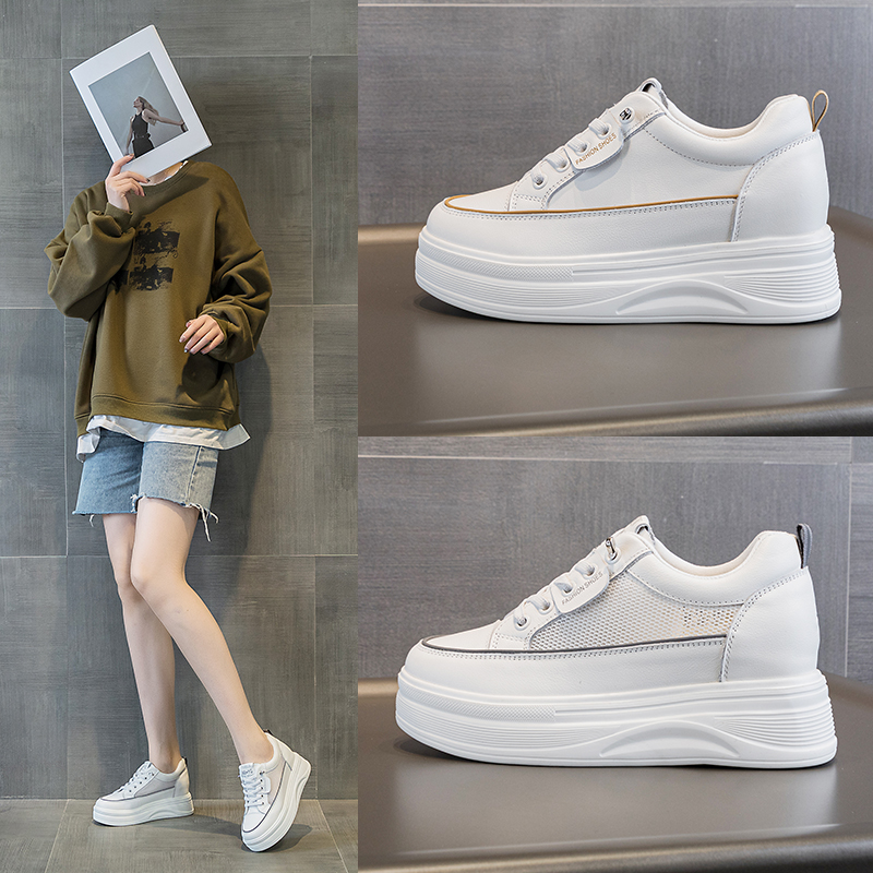 小个子ins增高7cm头层牛皮女网面透气免系带春夏厚底小白鞋女百搭