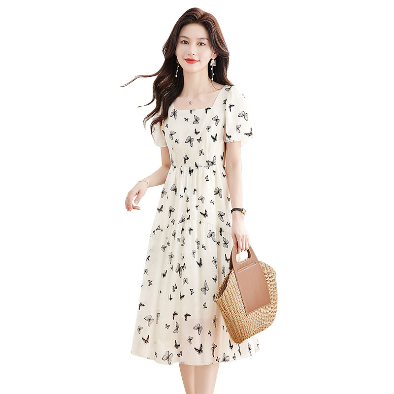 丝柏舍2025夏装新款女高腰显瘦中长法式方领淑女连衣裙S42R1236LA