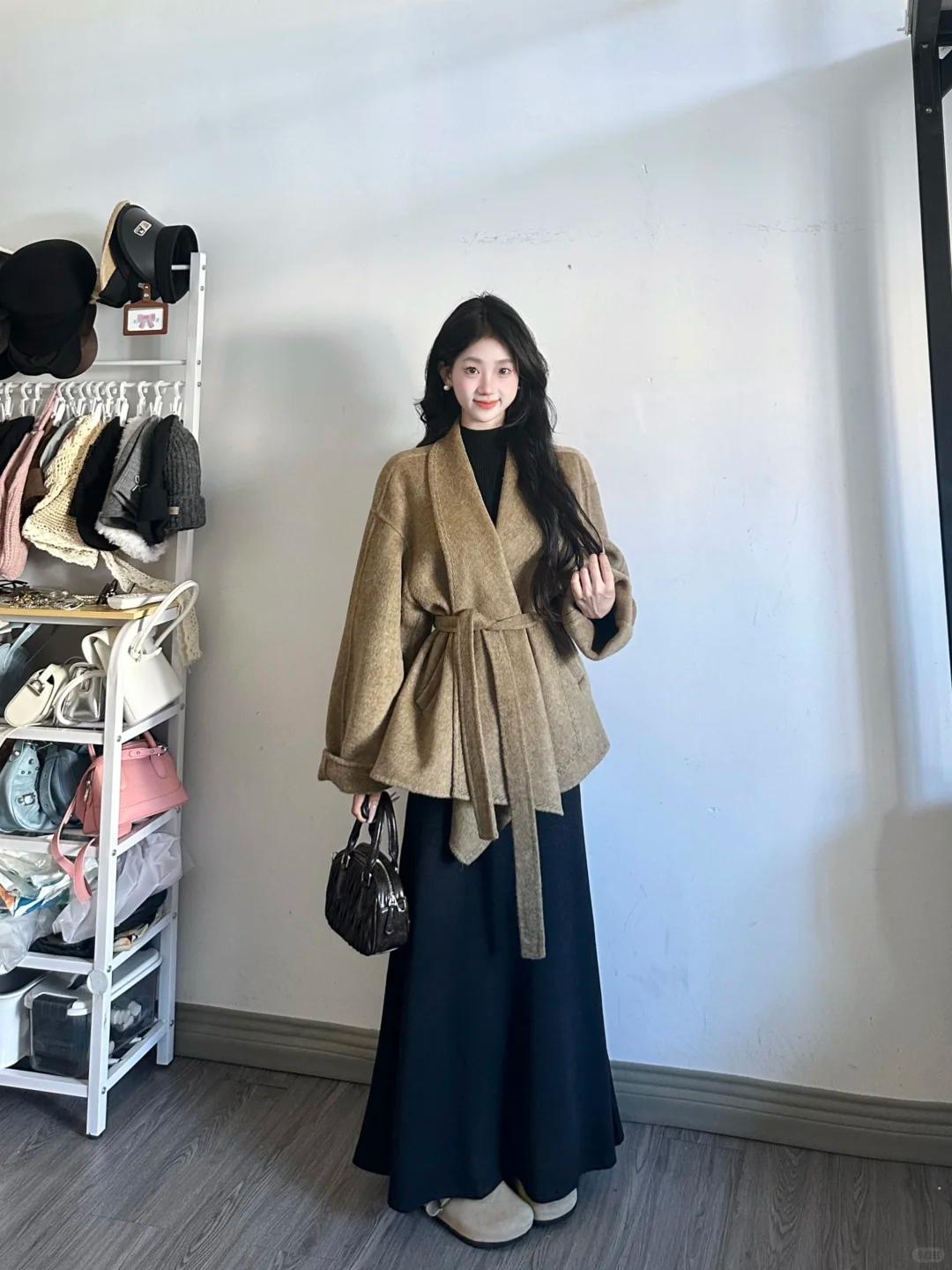 高级感收腰加厚毛呢外套女冬季大码胖mm气质复古时髦斗篷呢子大衣