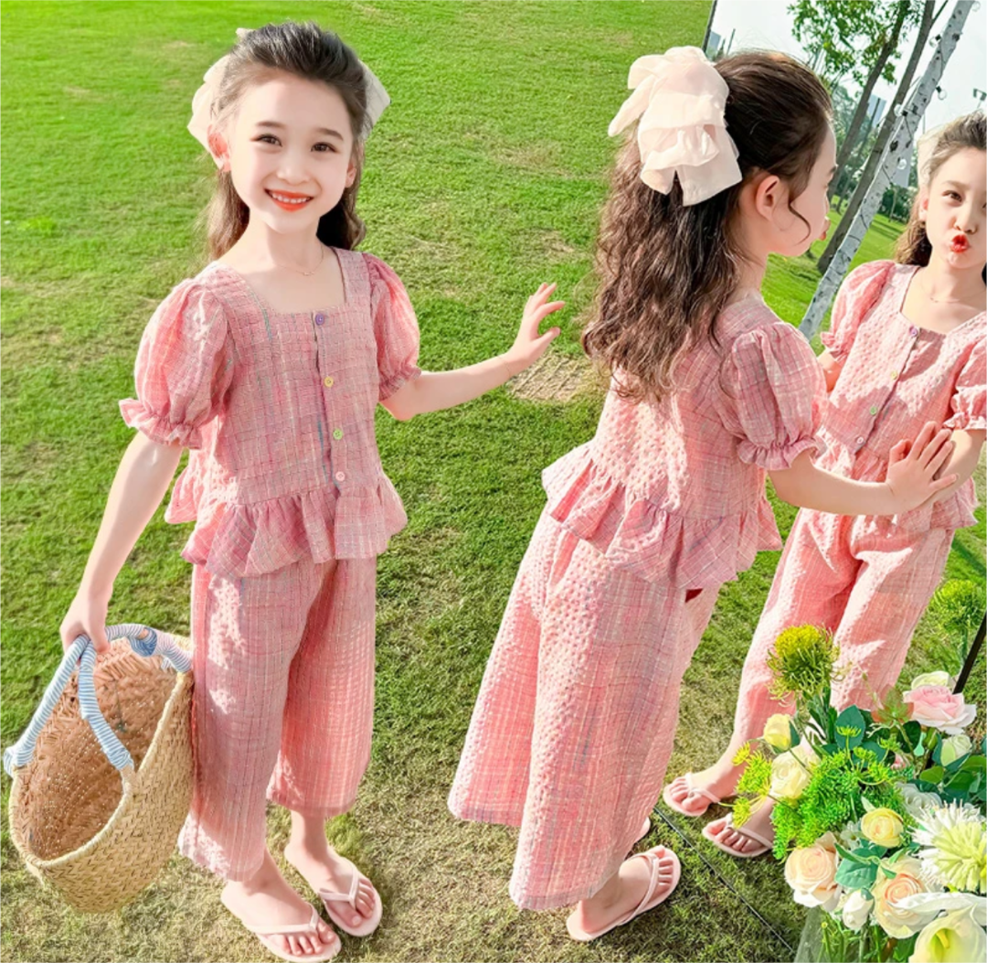 (三件套）细格随机摆新款儿童韩版气质洋气短袖女宝棉套装1354