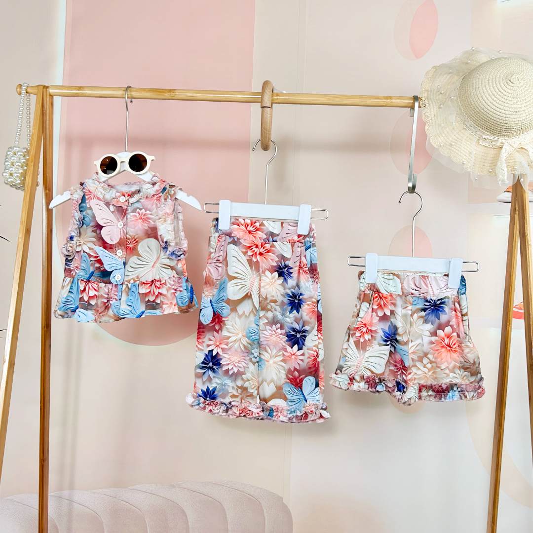 （蝶恋花）女童夏季碎花套装新款网红女孩背心薄款休闲裤三件套1390