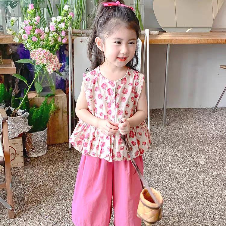 （现货三件套）夏季新款潮流女童套装碎花上衣裤子套装洋气女宝1364