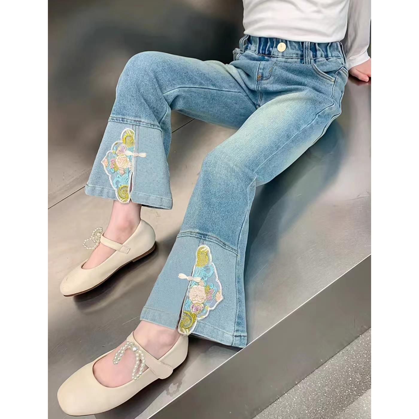 1274新款新中式国风女宝宝儿童盘扣重工水洗牛仔喇叭裤