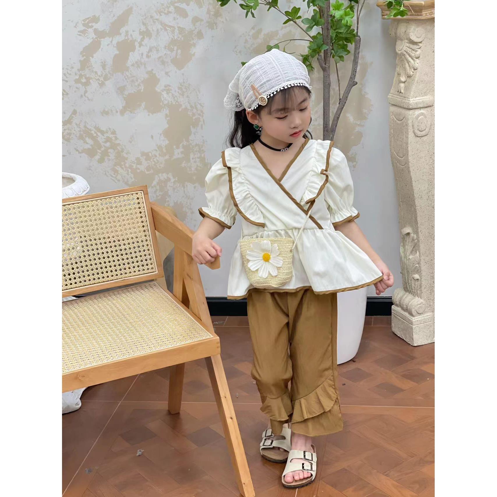 1270女小童夏季耳边包条套装女宝卡其色喇叭裤俩件套装