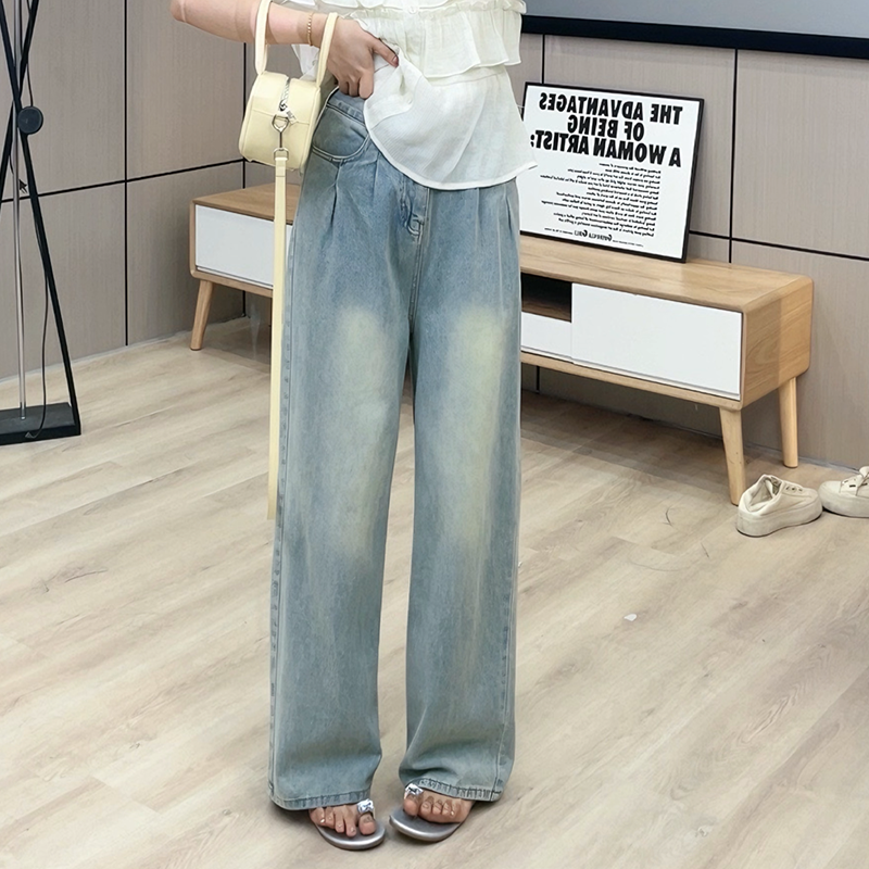 大码新款设计感复古直筒牛仔裤女宽松休闲百搭高腰显瘦裤子1282# 