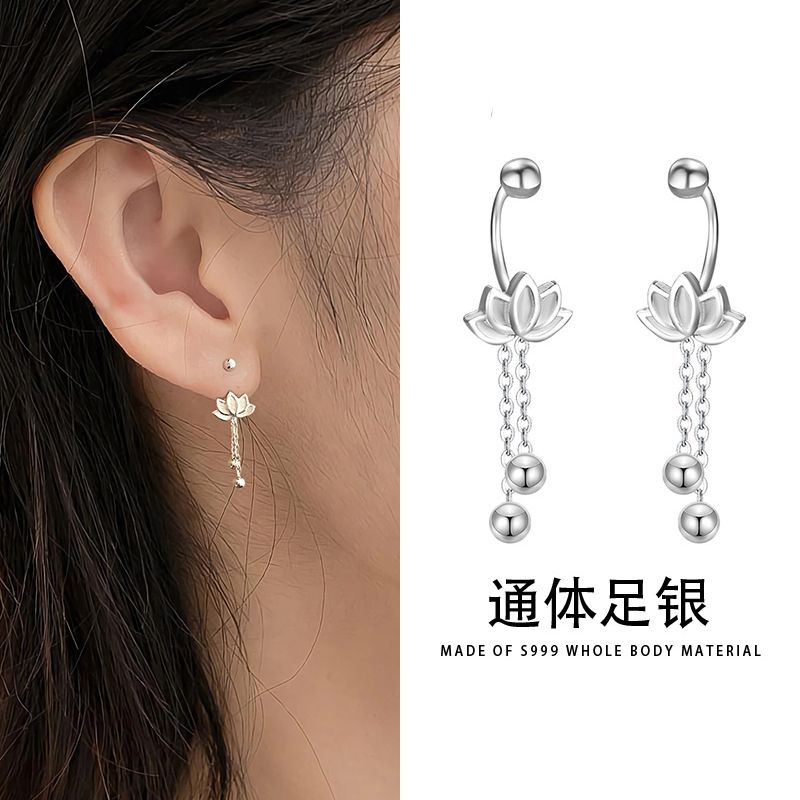 足银耳饰 999银莲花流苏耳环圆珠耳坠女超仙气质复古风轻奢耳钉