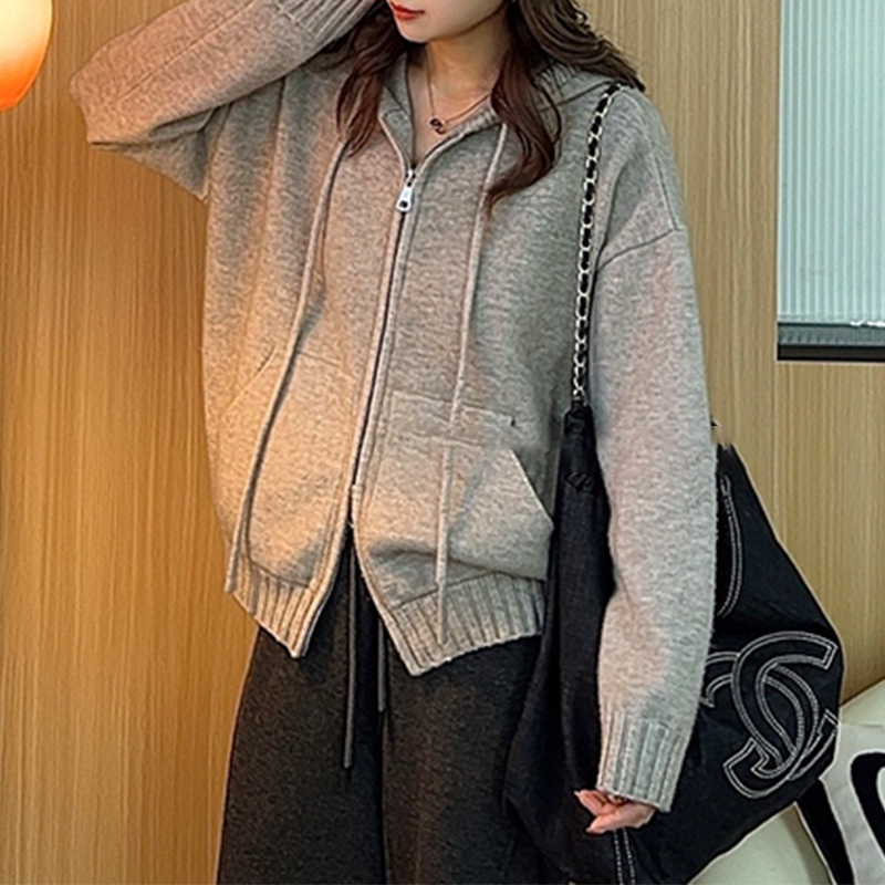 韩版纯色双拉链抽绳连帽针织开衫女2024春秋叠穿宽松显瘦外穿毛衣