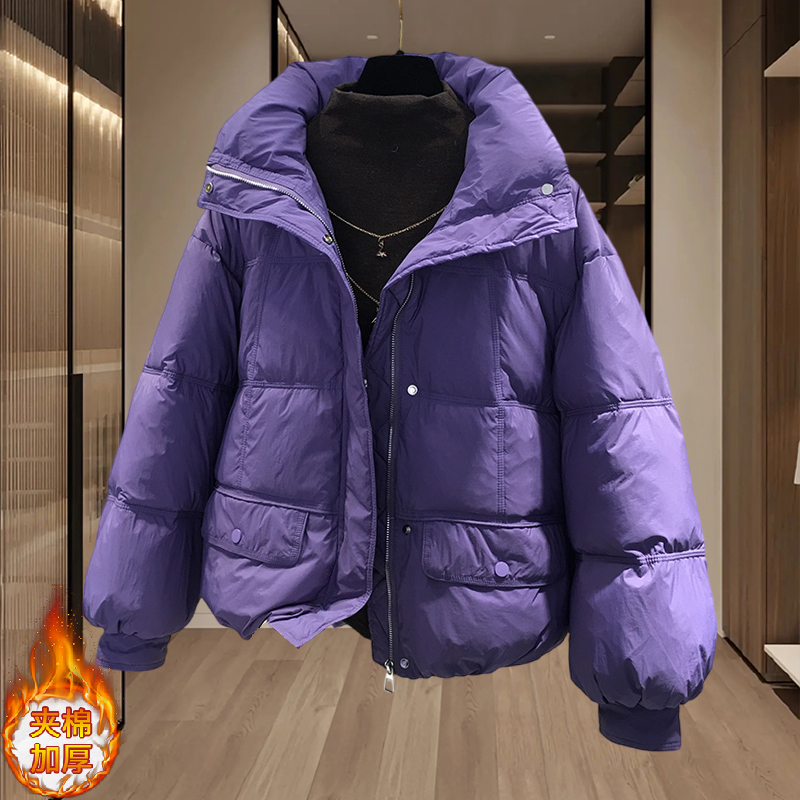 2025秋冬季新款女士时尚派克棉服外套夹棉加厚立领开衫纯色棉衣女