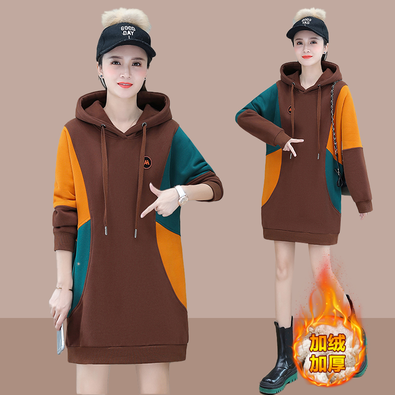 秋冬中长款加绒加厚卫衣女遮臀连帽2025新款爆款洋气拼接宽松上衣