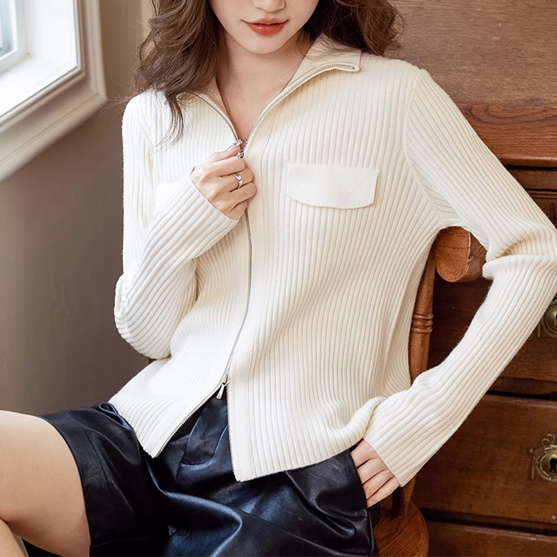 香朵儿流行坑条设计拉链针织衫2025春秋新款网红洋气炸街女装上衣