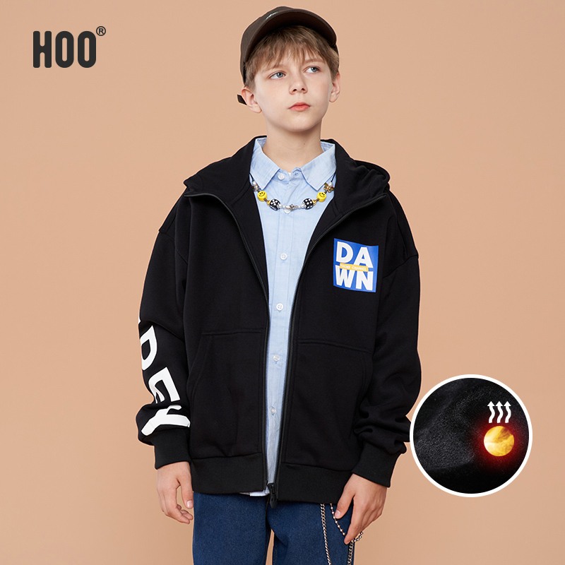 HOO青少年休闲夹克加绒时尚冲锋衣连帽男孩长袖宽松男外套4659