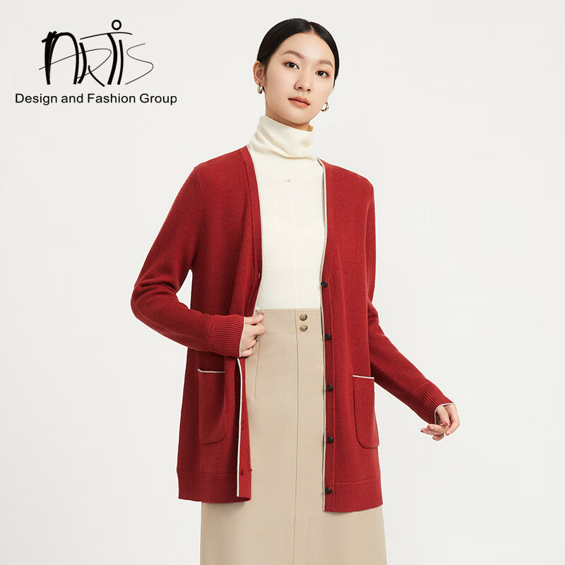 雅迪斯ARTIS女装 绵羊毛曙红色针织开衫AR5429002-034