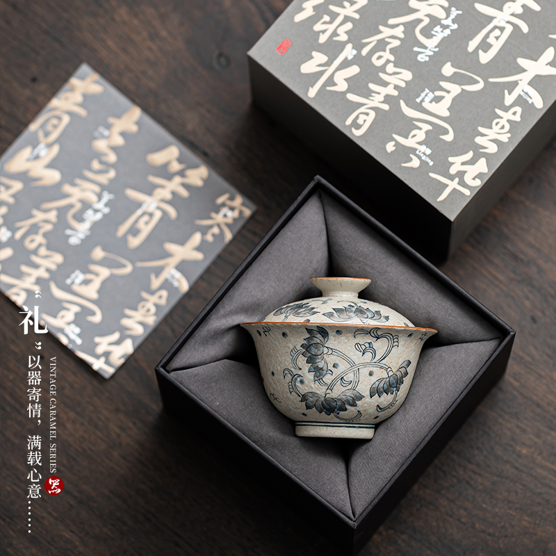 仿古手绘青花缠枝莲二才盖碗家用功夫茶具防烫加厚中式泡茶碗送礼