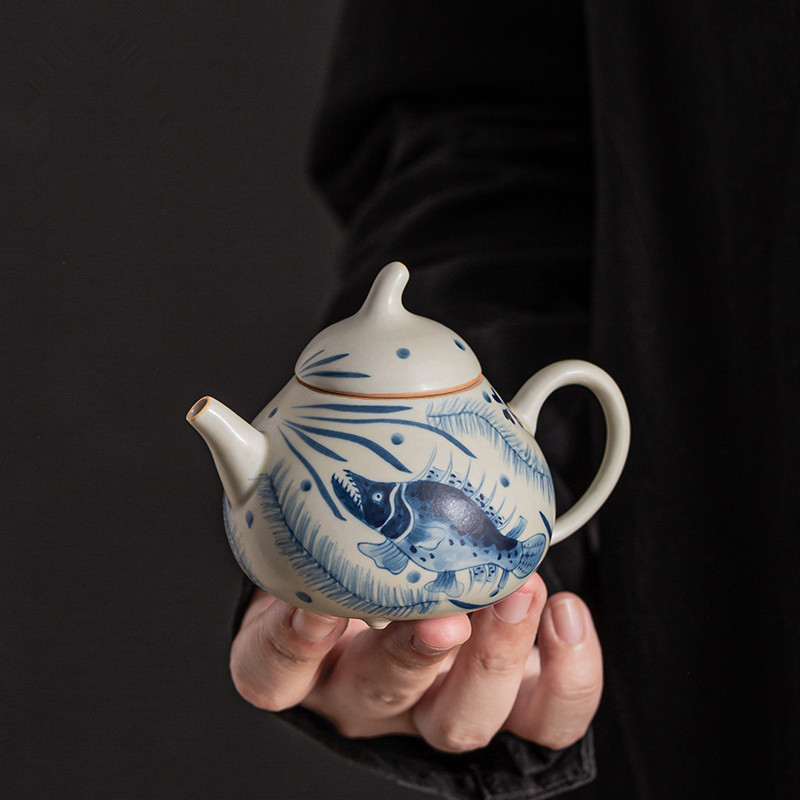 景德镇鱼藻纹茶壶小号家用纯手工单壶茶具过滤陶瓷小容量泡茶壶