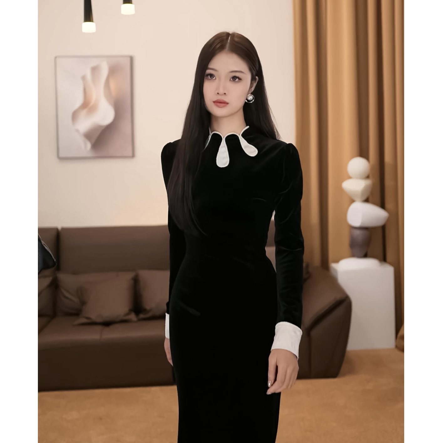 【爱笑】锁骨画心 秋冬季水滴领新中式复古旗袍黑色连衣裙-SW0533
