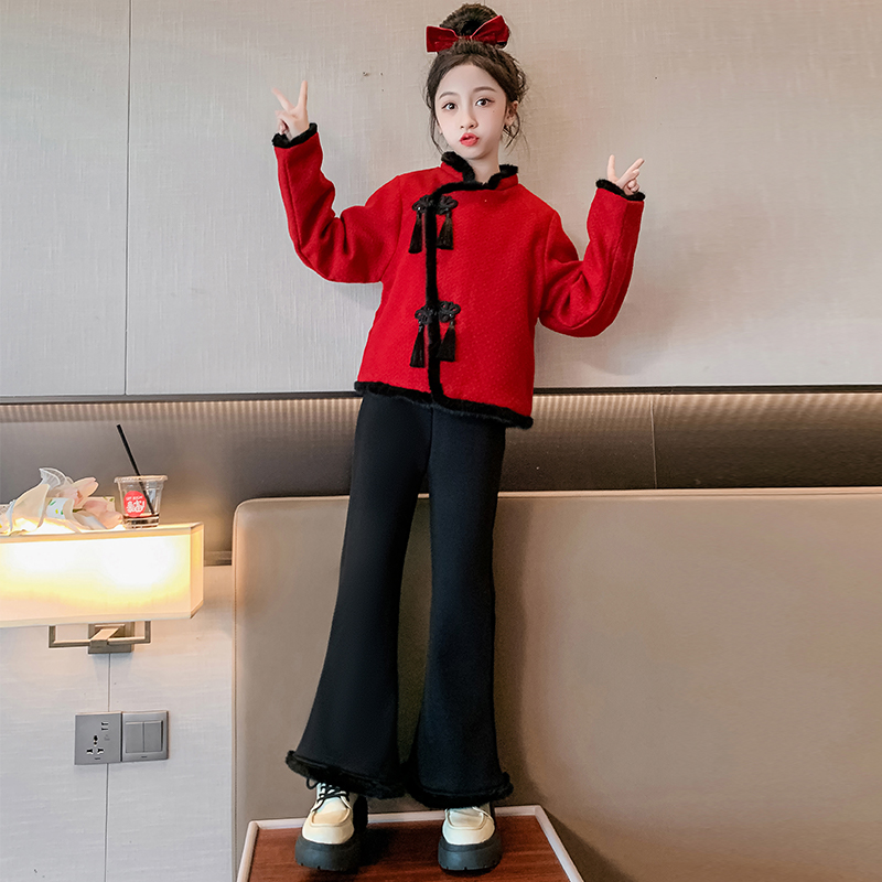 女童小香风套装冬季加绒两件套红色儿童冬装2023新款圣诞新年加厚