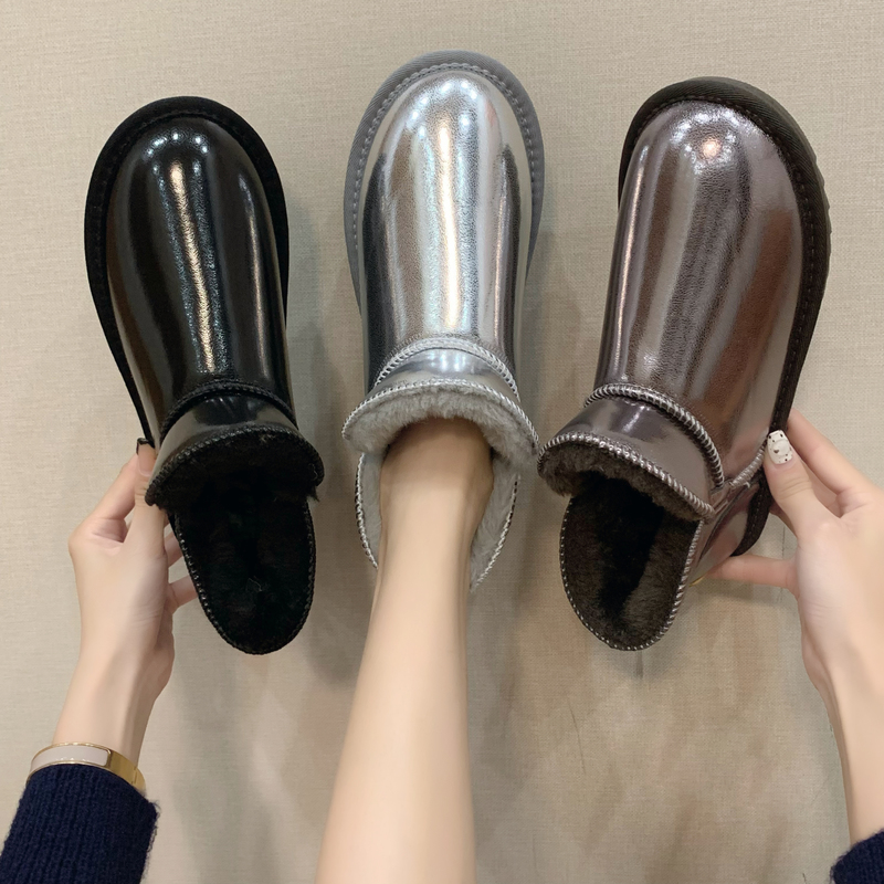 红蜻蜓牌特厚雪地靴女冬皮毛一体2023新款加绒面包棉鞋亮皮面防水