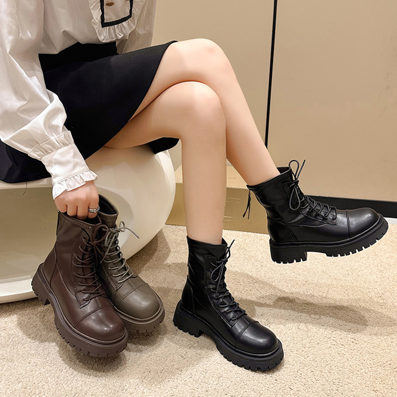 红蜻蜓牌ins潮马丁靴女英伦风2023新款秋冬加绒厚底软皮弹力瘦瘦