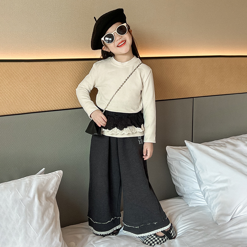 R24337韩版女童纯色打底上衣字母花边休闲裤拼色蕾丝短裙套装潮