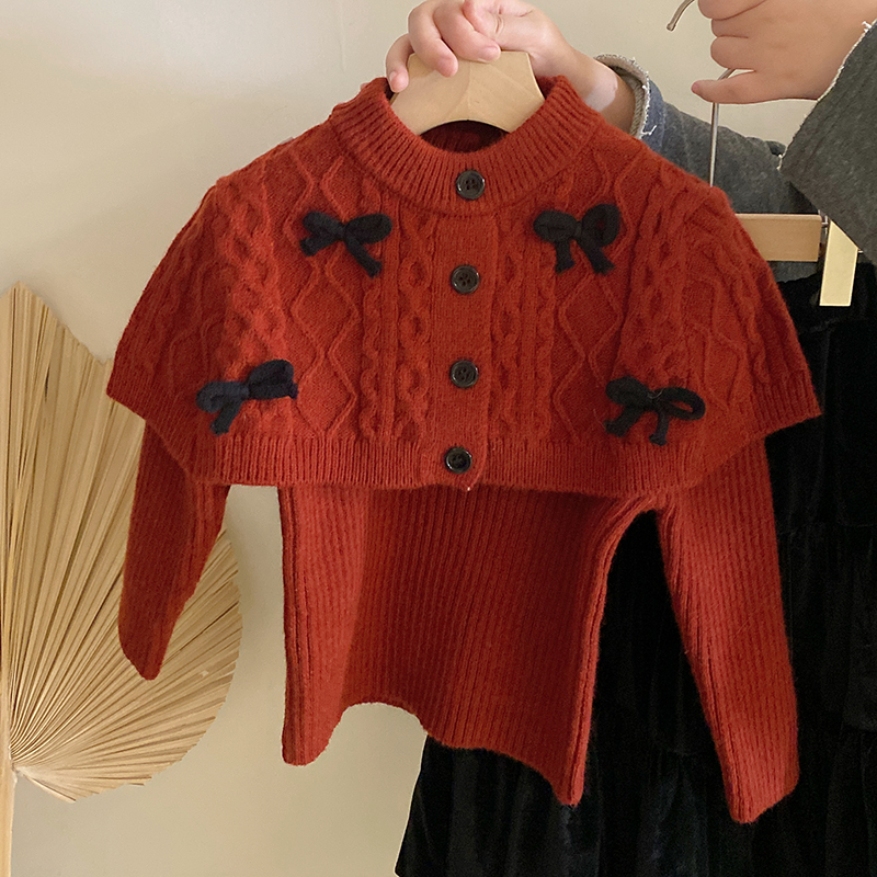 Z-TL003女童毛衣+蝴蝶结斗篷针织叠穿两件套气质丝绒半身裙套装潮