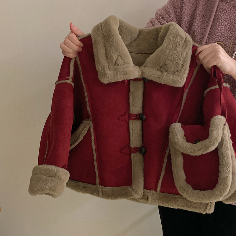 R24570韩版女童皮毛一体上衣2024秋冬新款加绒保暖外套+包包童装