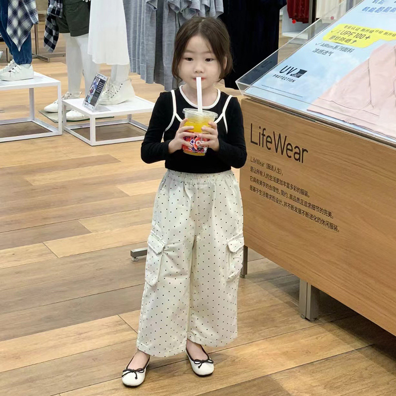 R24330韩版套装2024秋新款女童长袖T恤吊带叠穿潮休闲波点工装裤