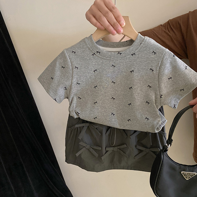 [金]R24148女童短袖百搭T恤夏季新款工装立体蝴蝶结半身裙套装