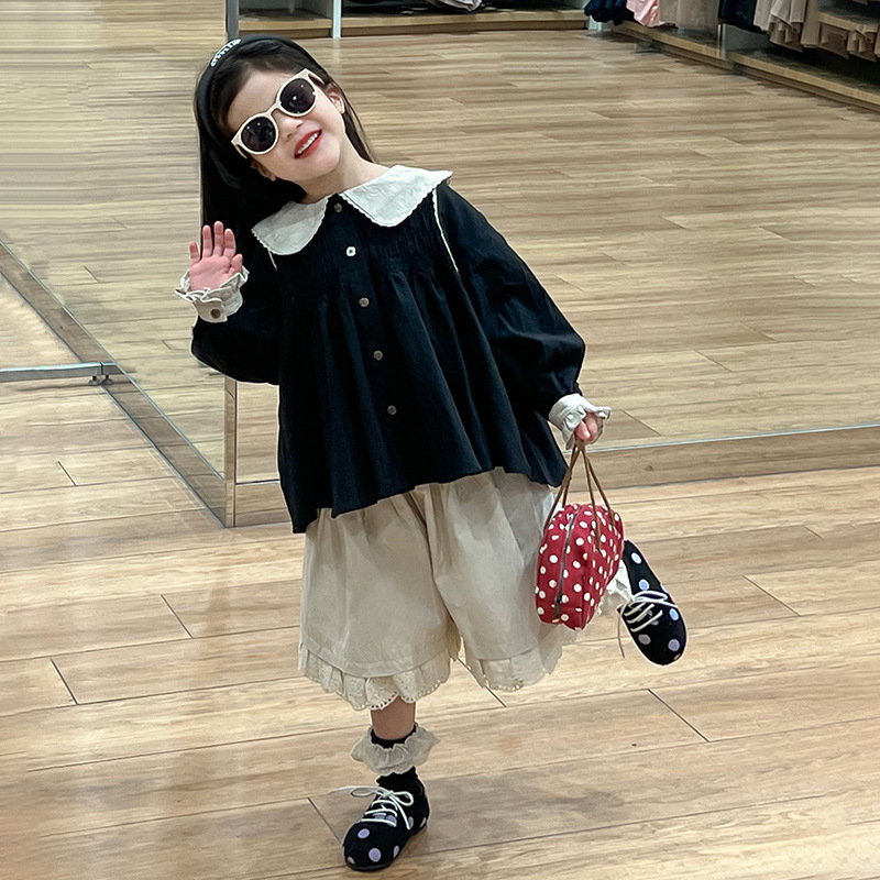 r24311休闲套装2024秋季新款女童娃娃领衬衫蕾丝边阔腿裤子套装