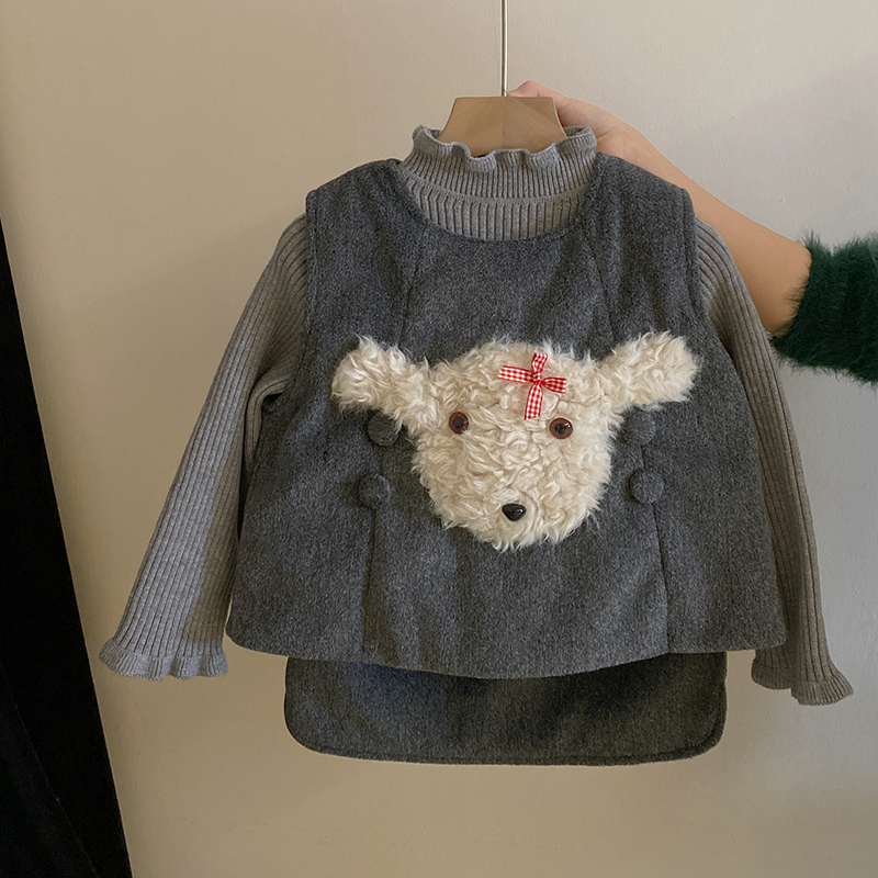 R24554韩版女童夹棉卡通马甲半身裙2024秋冬新款花边打底毛衣套装