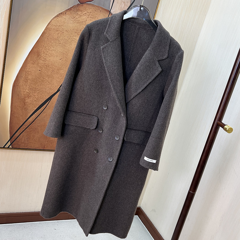 【嫩尼娅】小个子双面呢长款大衣女新款经典版双排扣H型毛呢外套