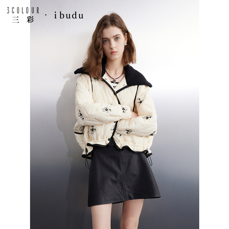 三彩ibudu2024冬季新款刺绣棉衣葫芦绗缝棉服翻领宽松保暖外套女
