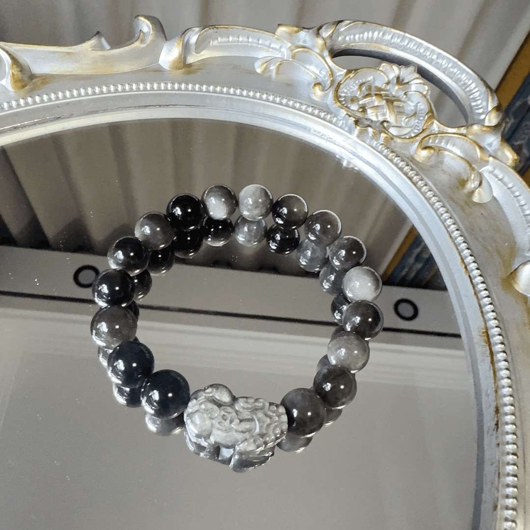 原创 双活眼银耀石手串 黑曜石手链 手工雕刻貔貅男女款手串黑色