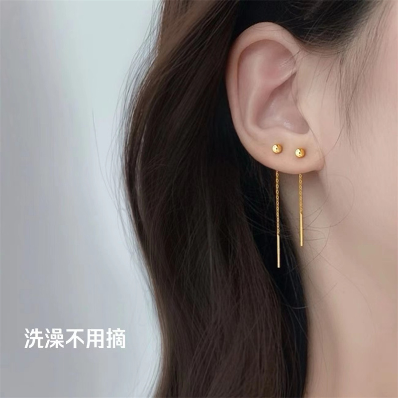 钛钢耳饰 不掉色圆珠豆豆流苏线条长款耳环仙女耳线简约金色气质