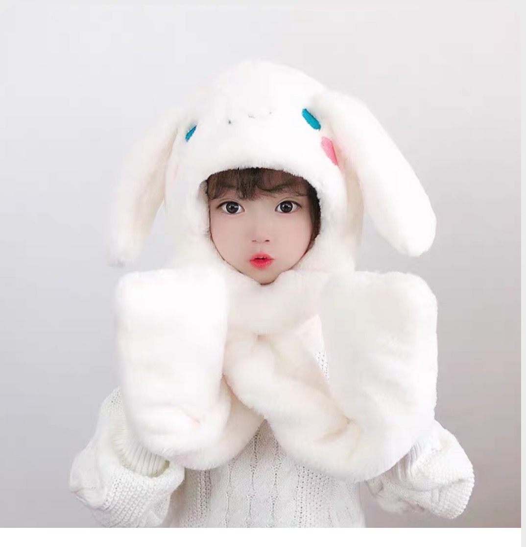 【耳朵会动】加厚防风秋冬护耳帽子围巾手套装亲子宝宝加绒毛绒儿童