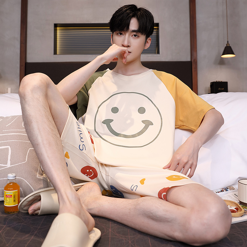 夏季青少年男士睡衣家居服纯棉短袖短裤可外穿夏天薄款套装学生