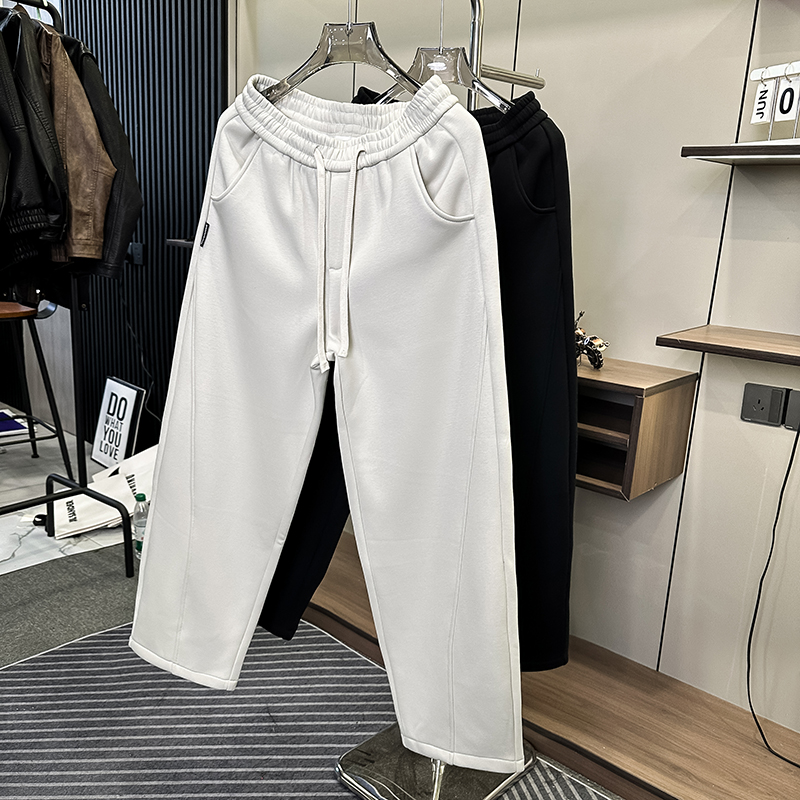 8715秋冬季新款加绒加厚卫裤男潮流宽松直筒弯刀裤松紧腰休闲卫裤