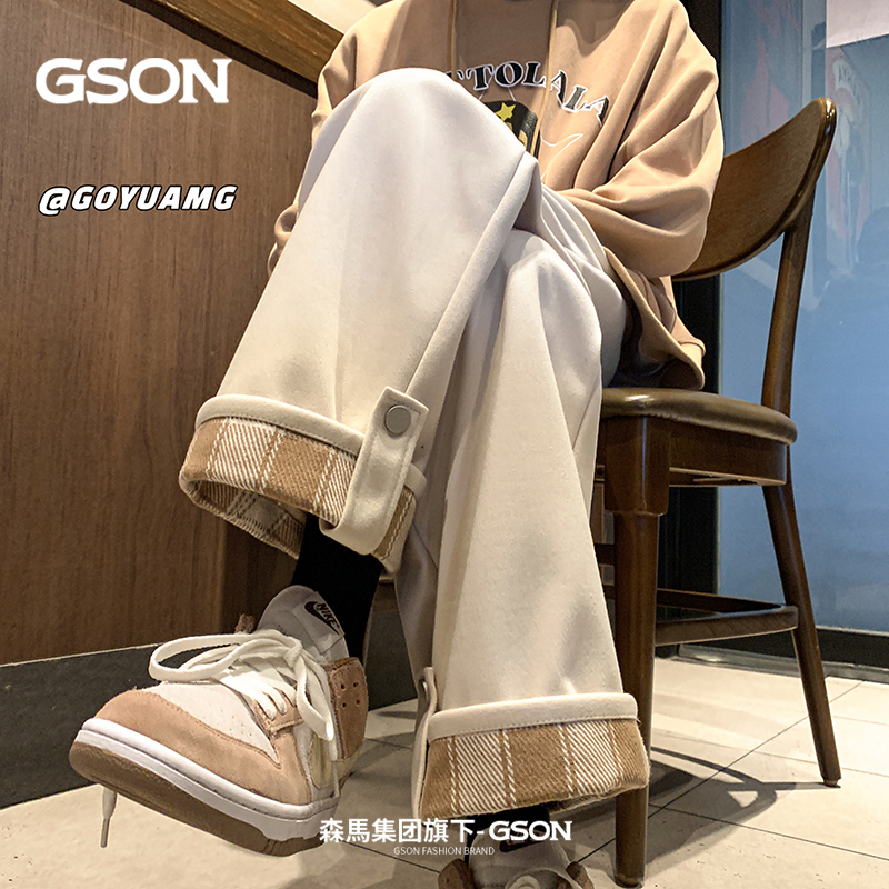 GSON米白色毛呢裤子男高级感宽松休闲格子阔腿裤日系复古oversize