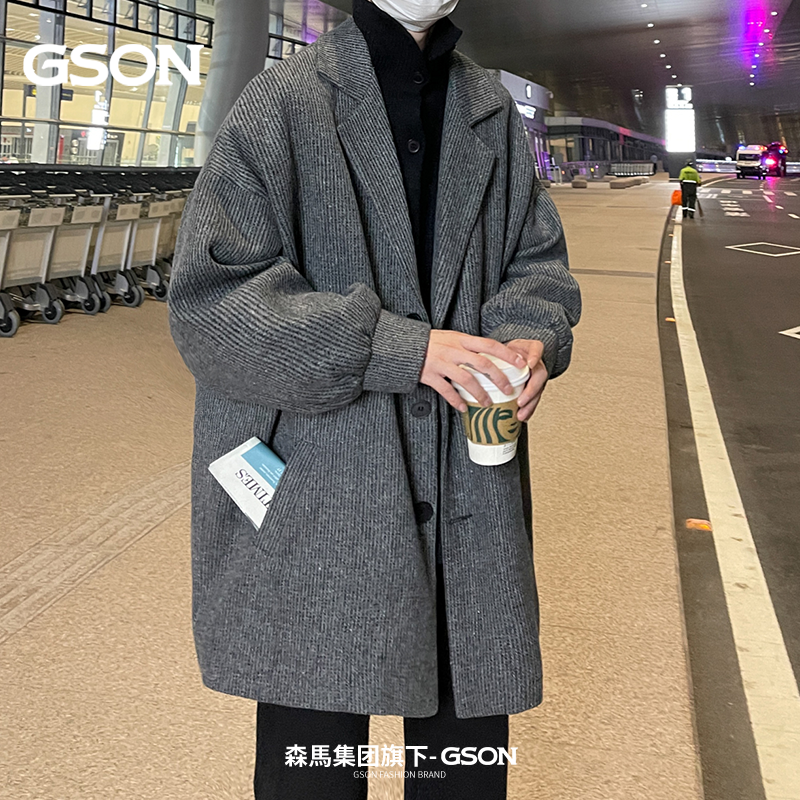森馬集团GSON美式高街潮牌毛呢大衣男秋冬新款设计感宽松休闲外套