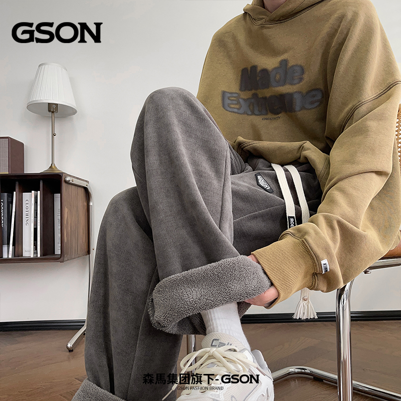 森馬集团GSON美式复古直筒牛仔裤男冬季加绒加厚休闲百搭阔腿长裤