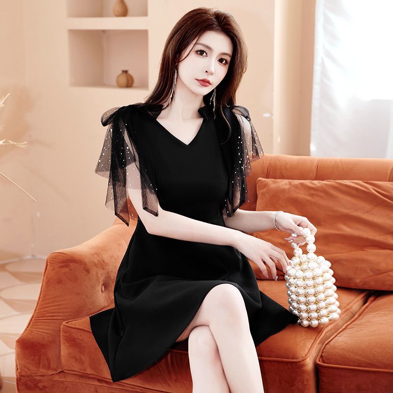 夏季2023新款法式黑色网纱性感连衣裙高级感女气质礼服小个子裙