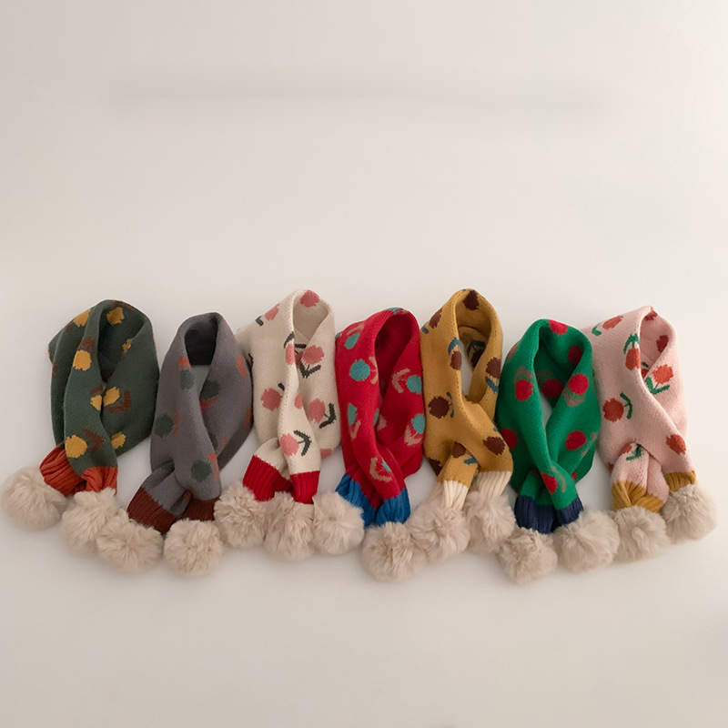 秋冬季保暖毛线围巾韩系宝宝可爱双球防风交叉围脖男女童针织脖套